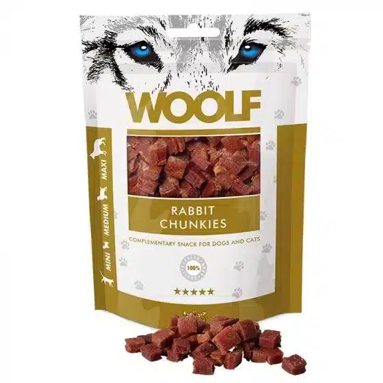 WOOLF Kanin Chunkies - Lækre godbidder uden kunstige tilsætning- eller konserveringsmidler. Uden farvestoffer. En naturlig sund snack til din hund. Hunde godbidder