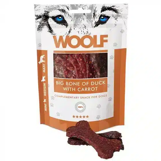 WOOLF Big Bone And og Gulerod lækre godbidder uden kunstige tilsætning- eller konserveringsmidler. Uden farvestoffer. En naturlig sund snack til din hund. Hunde godbidder din hunnd vil elske
