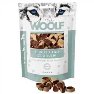 WOOLF Kylling & Torsk Sushi lækre godbidder uden kunstige tilsætning- eller konserveringsmidler. Uden farvestoffer. En naturlig sund snack til din hund. Lækre godbidder til din hund