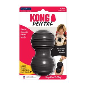 KONG Extreme Dental Fremstillet af utroligt holdbart gummi og understøtter hundens naturlige trang til at tygge. Gør legetøjet ekstra tiltrækkende for hunden ved at smøre dens ynglings smag i rillerne.