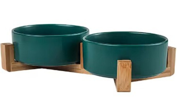 Keramisk Dobbelt Hundeskål M. Bambusfod
