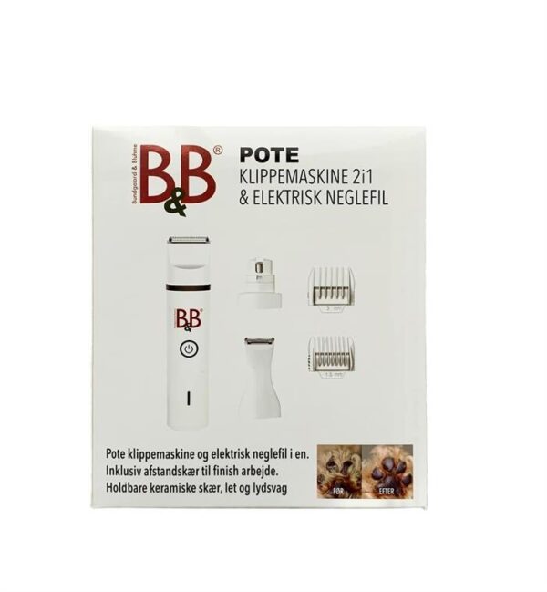 B&B pote klippemaskine 2i1. Dansk produceret produkt. God til pleje af hundens pels og negle.