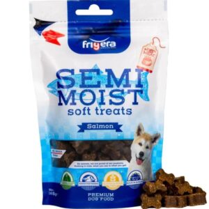 Frigera Semi-Moist Soft High Laks er lavet på 85% laksekød. Frigera laver de bedste godbidder til hunde på marked.