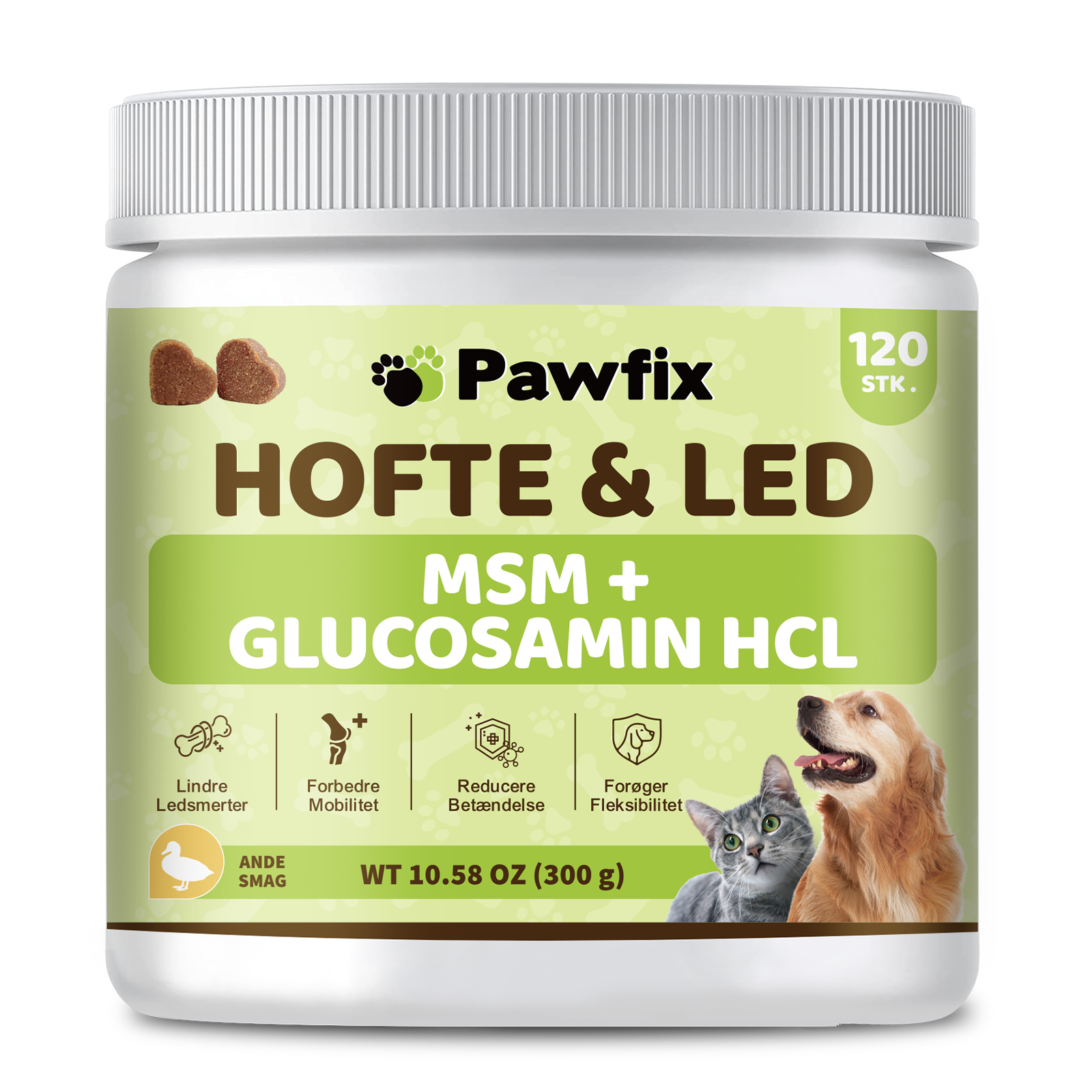 PawFix hofte- og ledtilskud til hunde med naturlige ingredienser og 4 sundhedsmæssige fordele.