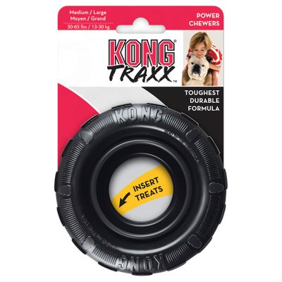 KONG Traxx Tyres Extreme robust legetøj af slidstærkt gummi i den velkendte KONG-kvalitet. Kan fyldes med godbidder eller paté gennem et hul i midten.
