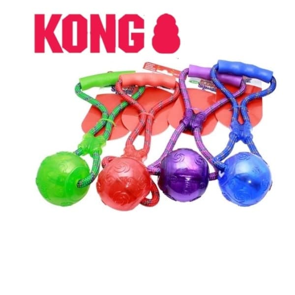 KONG Squeezz Ball med håndtag. Holdbart legetøj til hunde.