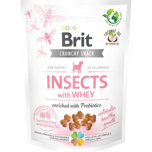 Brit Crunchy Snack Puppy | Insekter & Valle 200g. Knasende lækre godbidder og fyldt med lækre insekt proteiner. Insekter er utrolig proteinrige.