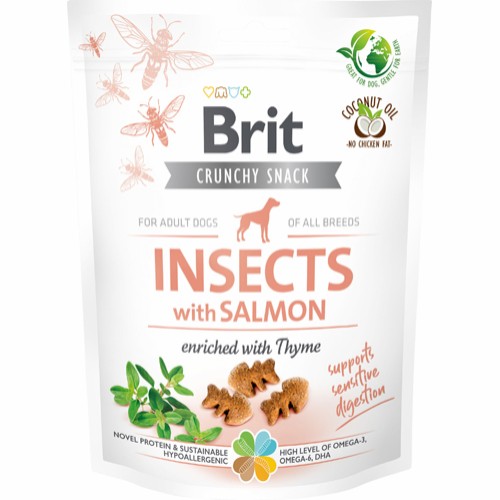 Brit Care Crunchy Snack | Insekter & Laks - Knasende godbidder med insekt og laks, beriget med timian. Understøtter en følsom fordøjelse, sund og lækker belønning