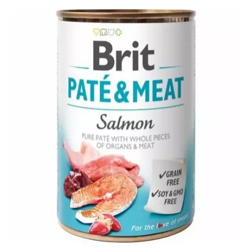 Brit Pate & Meat Salmon 400g - Du får et vådfoder til din hund med en lækker kombination af ægte bidder af kød og indmad i paté. Vådfoder til din hund