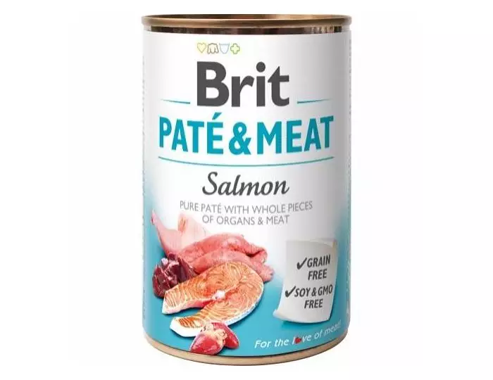 Brit Pate & Meat Salmon 400g - Du får et vådfoder til din hund med en lækker kombination af ægte bidder af kød og indmad i paté. Vådfoder til din hund