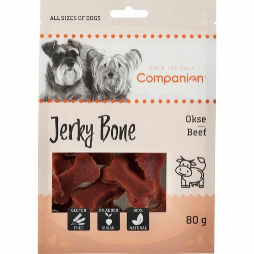 Companion Beef Jerky Bone - Lækre små kødbens formet godbidder af oksekød fra Companion. Godbidderne er glutenfri, uden tilsat sukker og 100% naturlige.