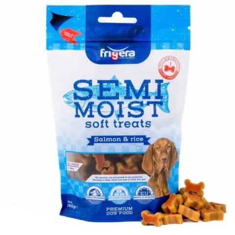 Frigera Semi-Moist Soft Laks/Ris ekstra blød godbidder til hunde. Godbid til hunde med smag af laks. Godbidder uden korn og sukker