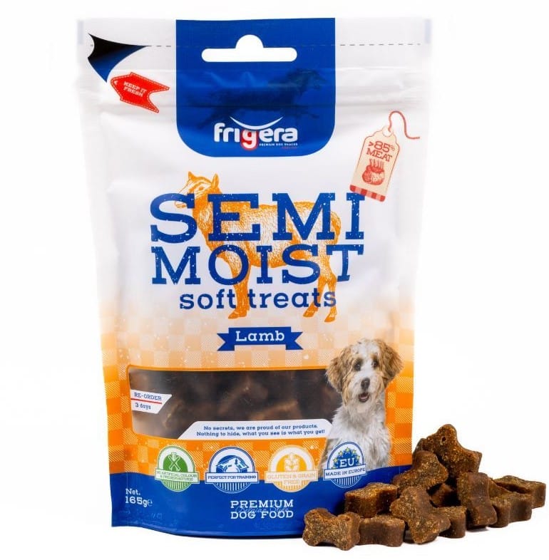 Frigera Semi-Moist Soft High Lam er lavet på 85% kød. Velegnet til allergi hunde. En sund godbid til din hund.
